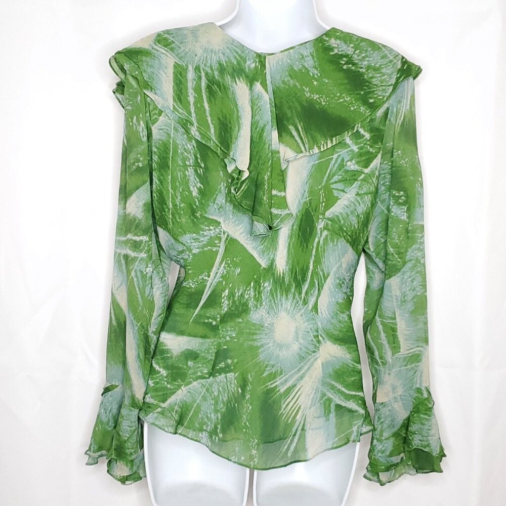 Marc Bouwer Silk Blouse Sz M Green Blue Crinkle Ruffle - Picture 2 of 7